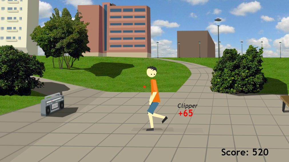 Footbag Fury — park scene with trick prompt and score